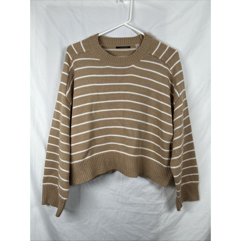 Tahari Striped Cropped Sweater Size Large Tan White Neutral Classic Minimalist